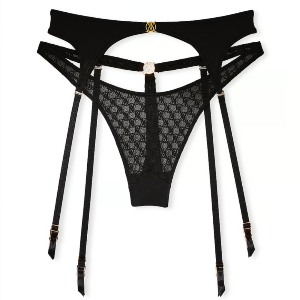 M Victoria's Secret Icon Logo Satin Lace Garter Panty Black